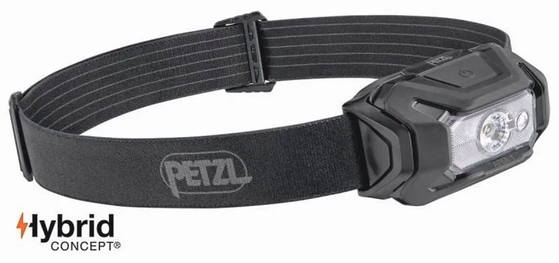 Lanterna frontal Petzl Hybrid Concept numa fita preta, com LED e caixa cinzenta.